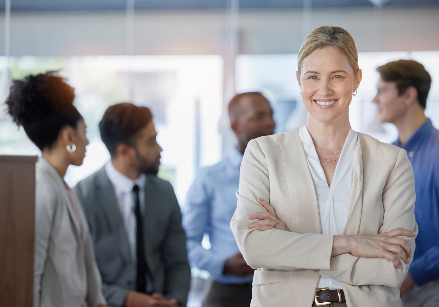 Leadership Portrait Group Business People Office Together After Meeting Management Diversity Confident Female Manager CEO Standing With Corporate Team Workplace